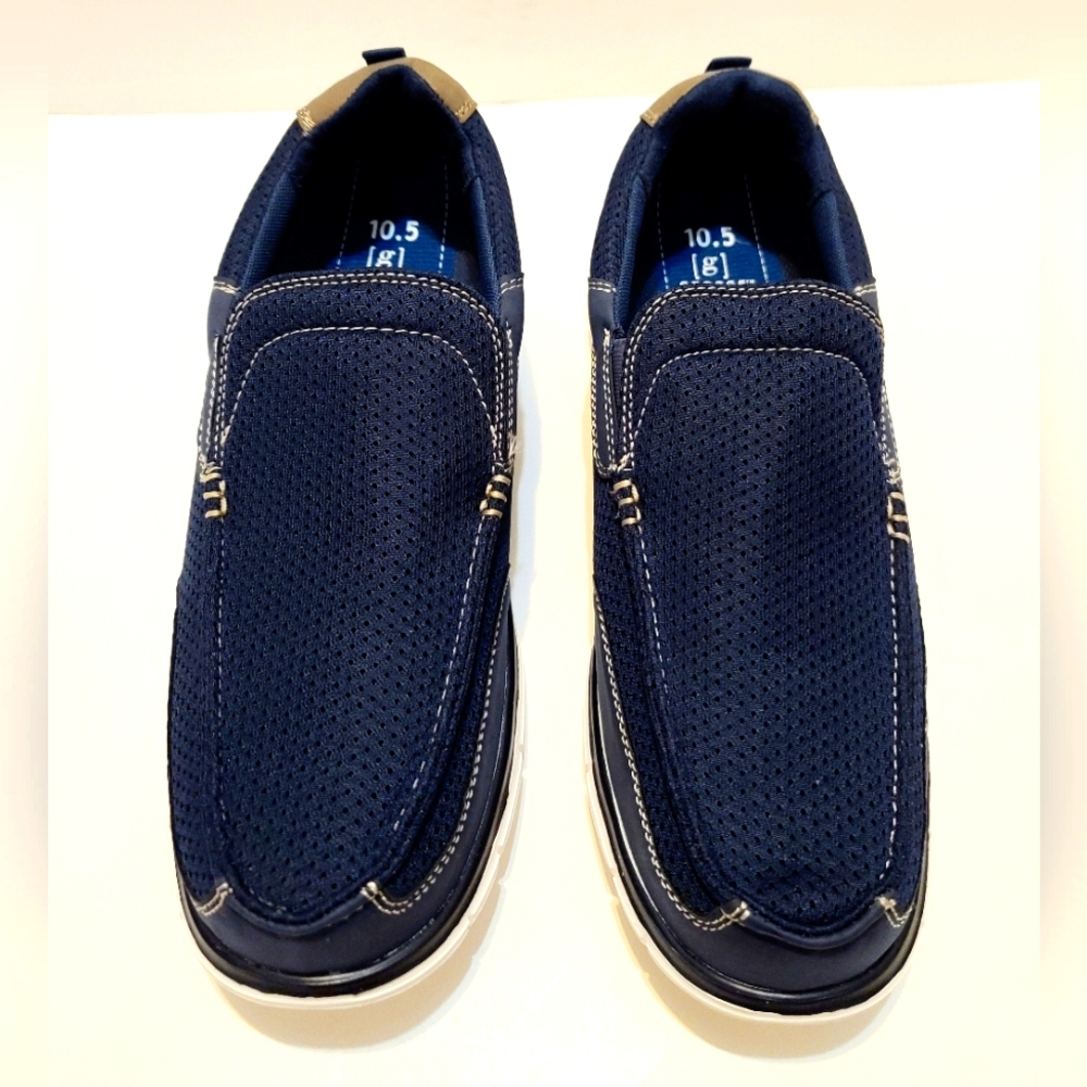 Mens Slippers House Shoes Size 10.5 Navy Blue White Soles Tan Stitching Slip On
